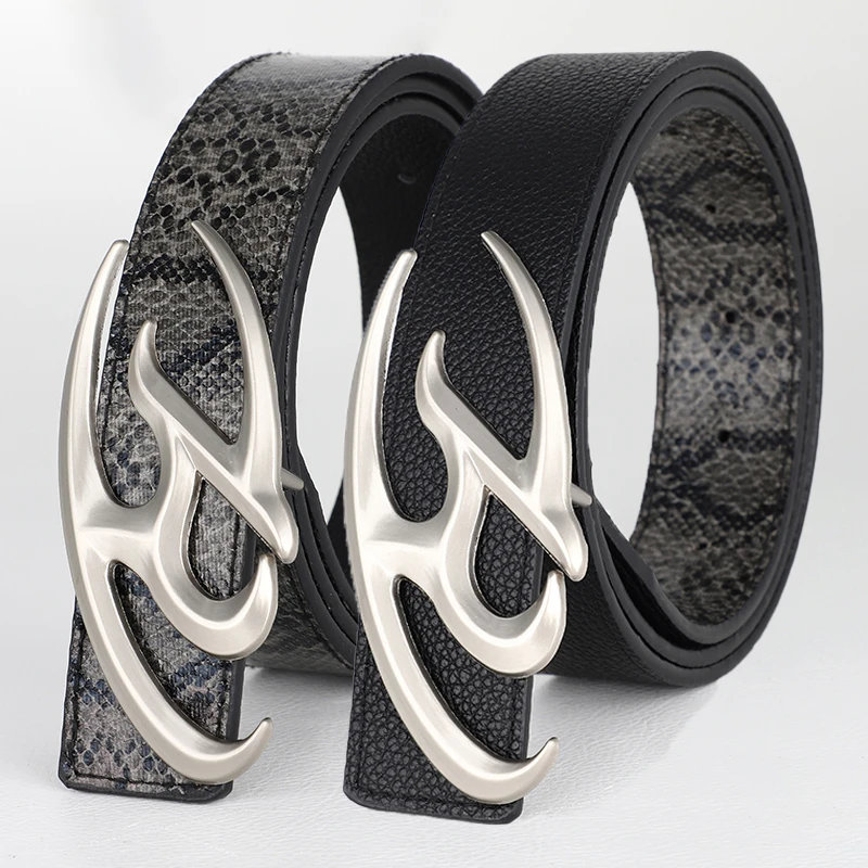 New Fashion Irregular Alloy Buckle Belt, Retro Punk Leopard Snake Print Reversible Designer Belt, Unisex Goth Trendy Accessory