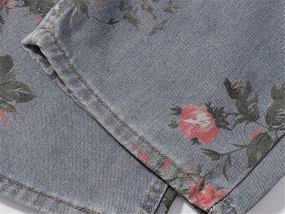 Jeans Gambar Bunga Penuh Celana Jeans Y2k Punk Pakaian Jalanan Pria Celana Denim Lebar Longgar Lubang Robek Antik Harajuku Pria