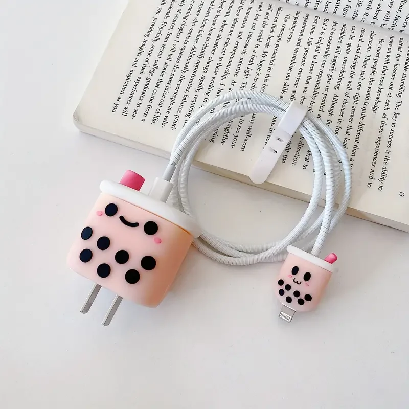 4pcs Milk Tea Designs Wall Charger Protective Covers For IPhone 20W Charging Head Sets And Any 1.4-meter Cables