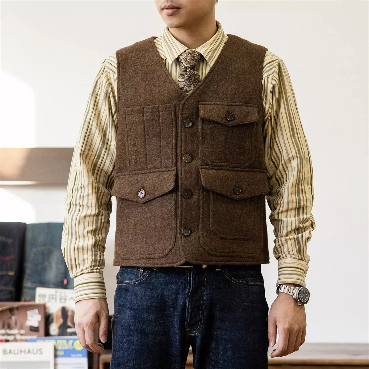 Red Tornado Heritage Style Wool Tweed Vest Outdoor Men's Multi-Pocket Work Waistcoat