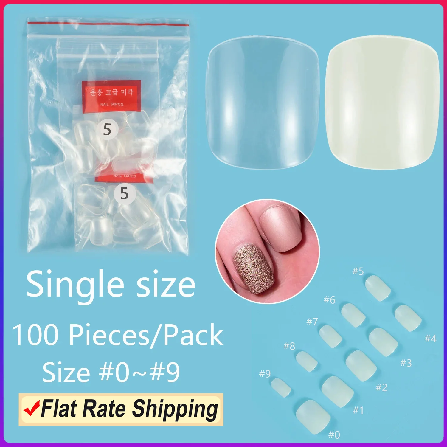 Short Square 100 Pieces Single Size False Nail Tips Nail Refill Size 3 4 5 6 Fake Nails Full Cover Nail Tips Artifical Nails