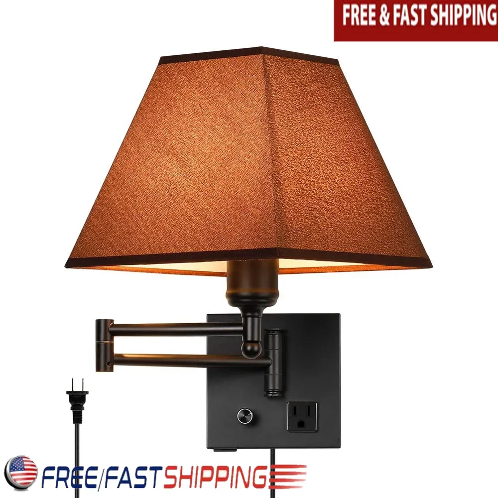 Swing Arm Wall Lamp Plug in Sconce with USB Port AC Outlet Dimmable Bedside Lighting Coffee Fabric Shade Ideal Bedroom Living