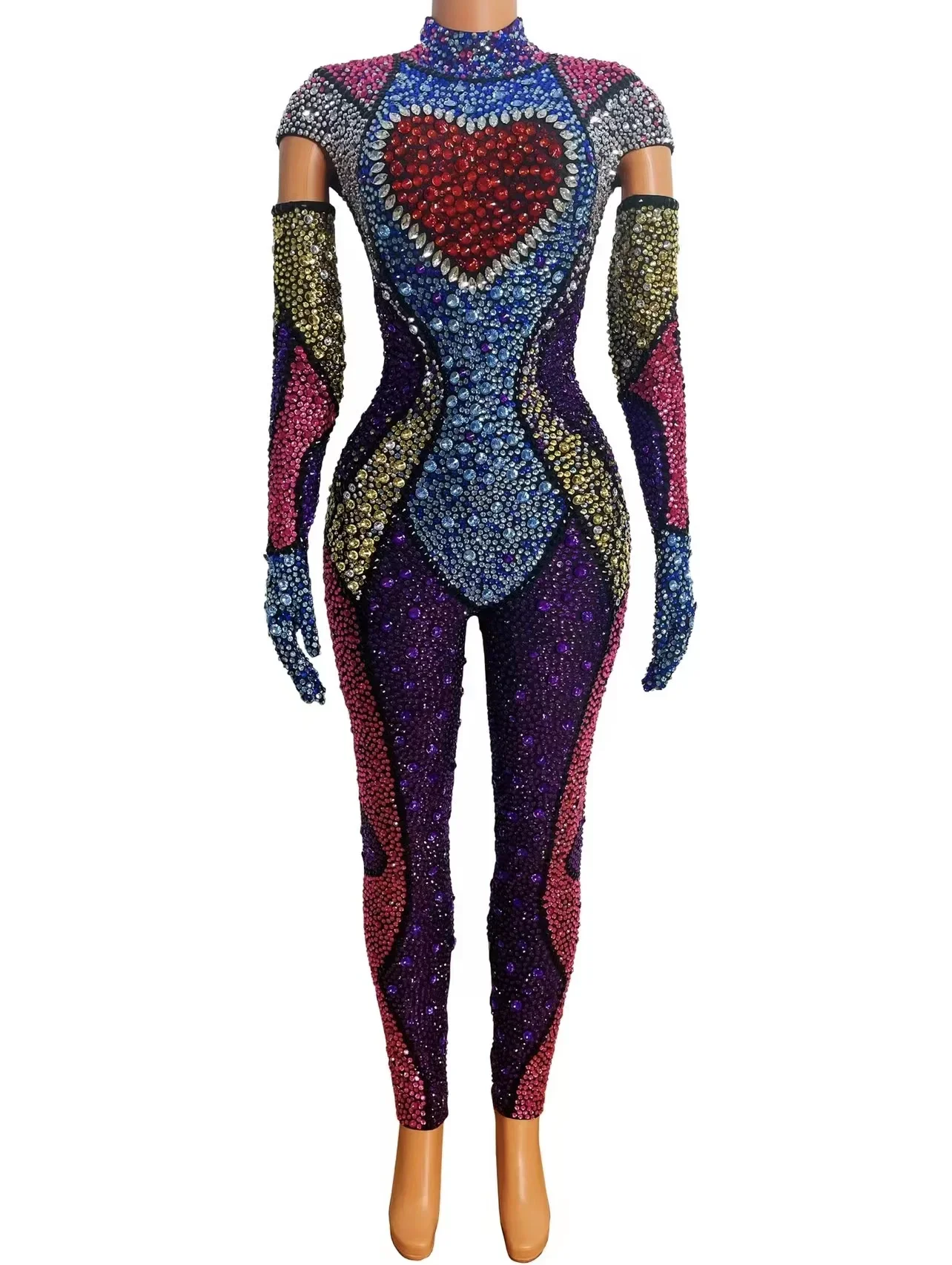 

Luxury Full Colorful Rhinestones Jumpsuit Celebrate Outfit Evening Birthday Performance Stretch Costume Rompers