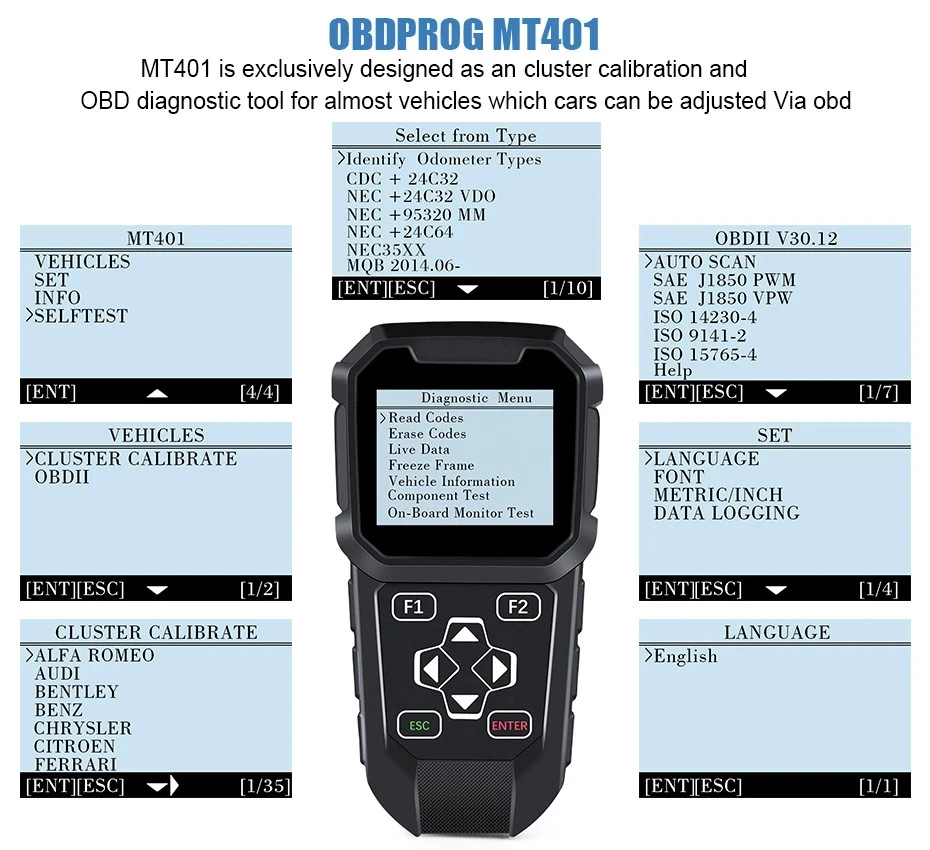 OBDPROG MT401 Cluster Correction Tool OBD2 Scanner Cluster Adjust Diagnose Cluster Reset Diagnostic Tools Cluster Calibration