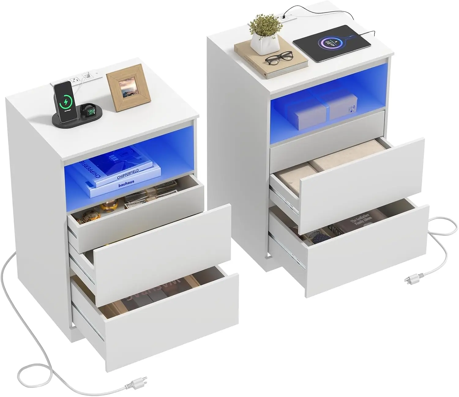 Nightstands Set of 2 with Charging Station, LED Lights, Hidden Drawer, 26