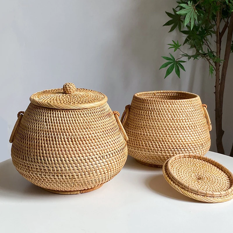 

New Handwoven Rattan Storage Box with Lid Tea Food Container Kongfu Tea Set Bread Fruit Basket with Lid Puer Tea Bag Organizer