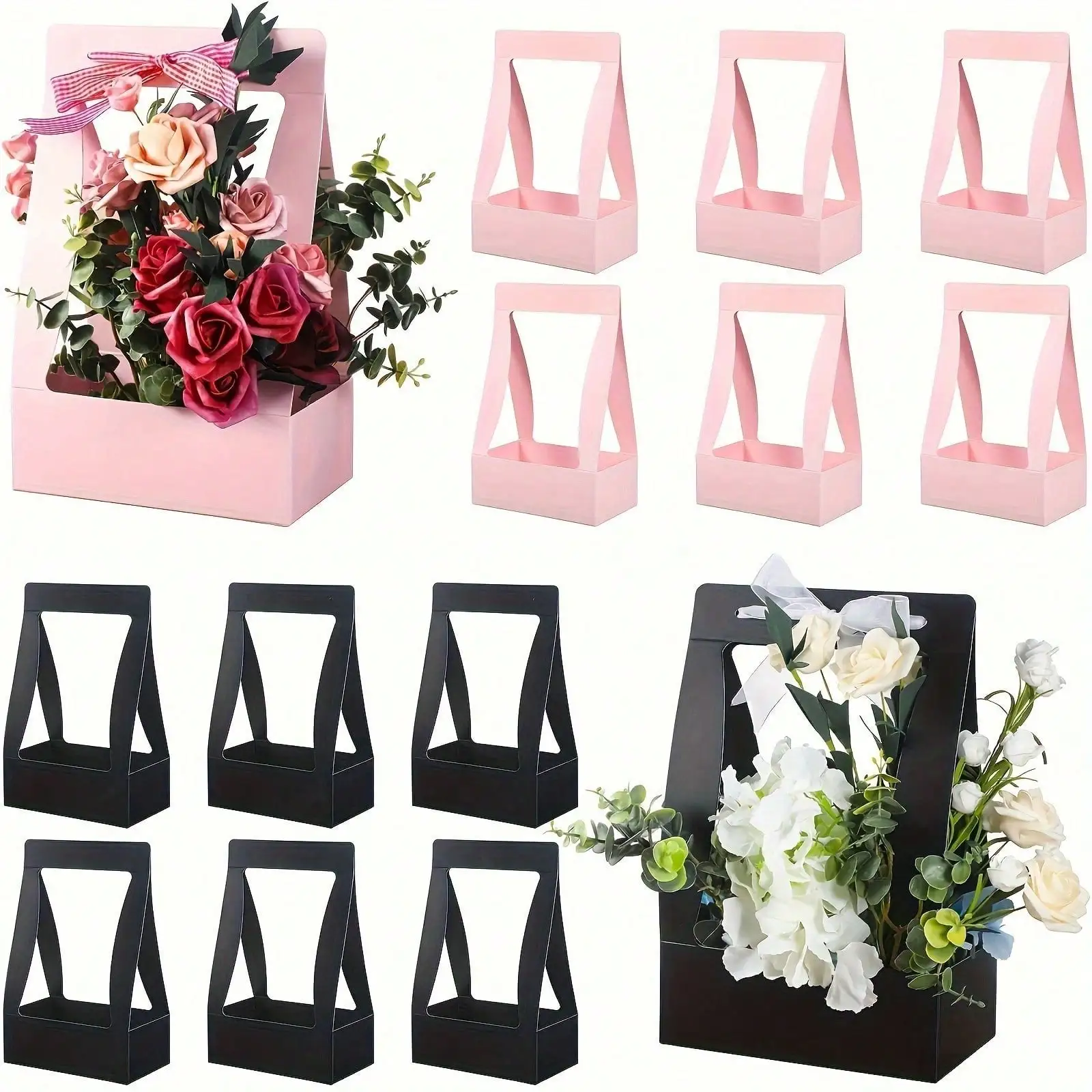 

12 Pieces Craft Paper Gift Bags Flower Box for Arrangements Flower Bouquet Packaging Bag with Handle Wedding Valentine's Day