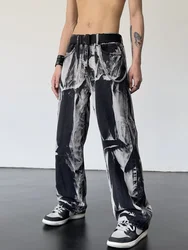 Trousers Streetwear Aesthetic Men's Jeans Tie Dye Man Cowboy Pants Wide Leg Hip Hop Goth Soft Cotton Original Kpop Stacked Denim