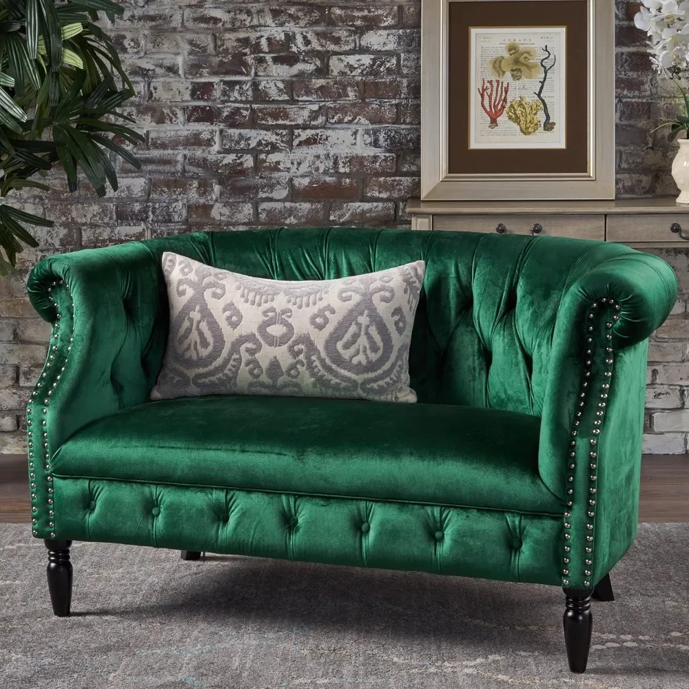 Melaina Tufted Chesterfield Velvet Loveseat with Scrolled Arms, Emerald and Dark Brown