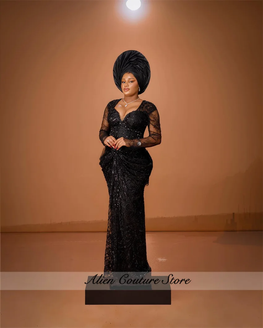 

Aso Ebi Black Evening Dresses Long Sleeves Plus Size Beading Crystals Prom Dress African Formal Gowns Customized