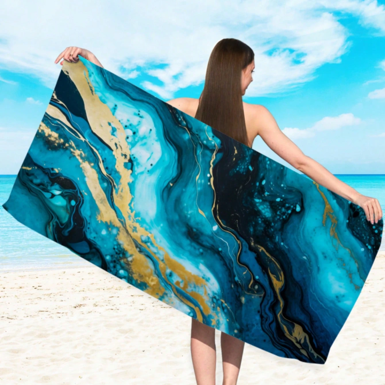 1pc Marble Gold Pattern Beach Towel, Quick Dry Printed Ultra-Fine Fiber Bath Towel, Suitable For Swimming, Vacation, Travel