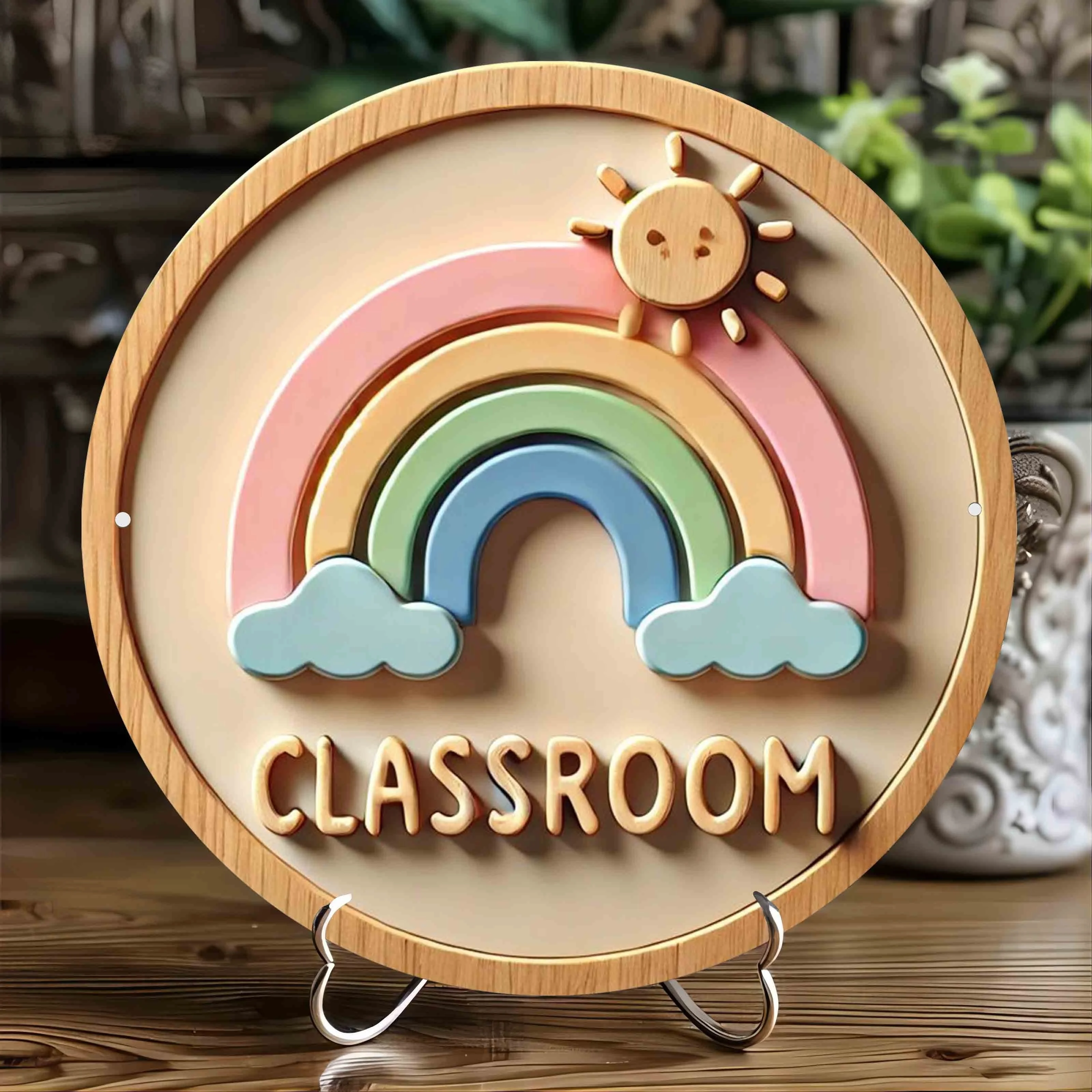 Classroom Welcome Sign Aluminum Wall Art - Circular 2D Rainbow & Sun Design For Home, Bedroom, Living Room, Cafe Decor - Aesthet