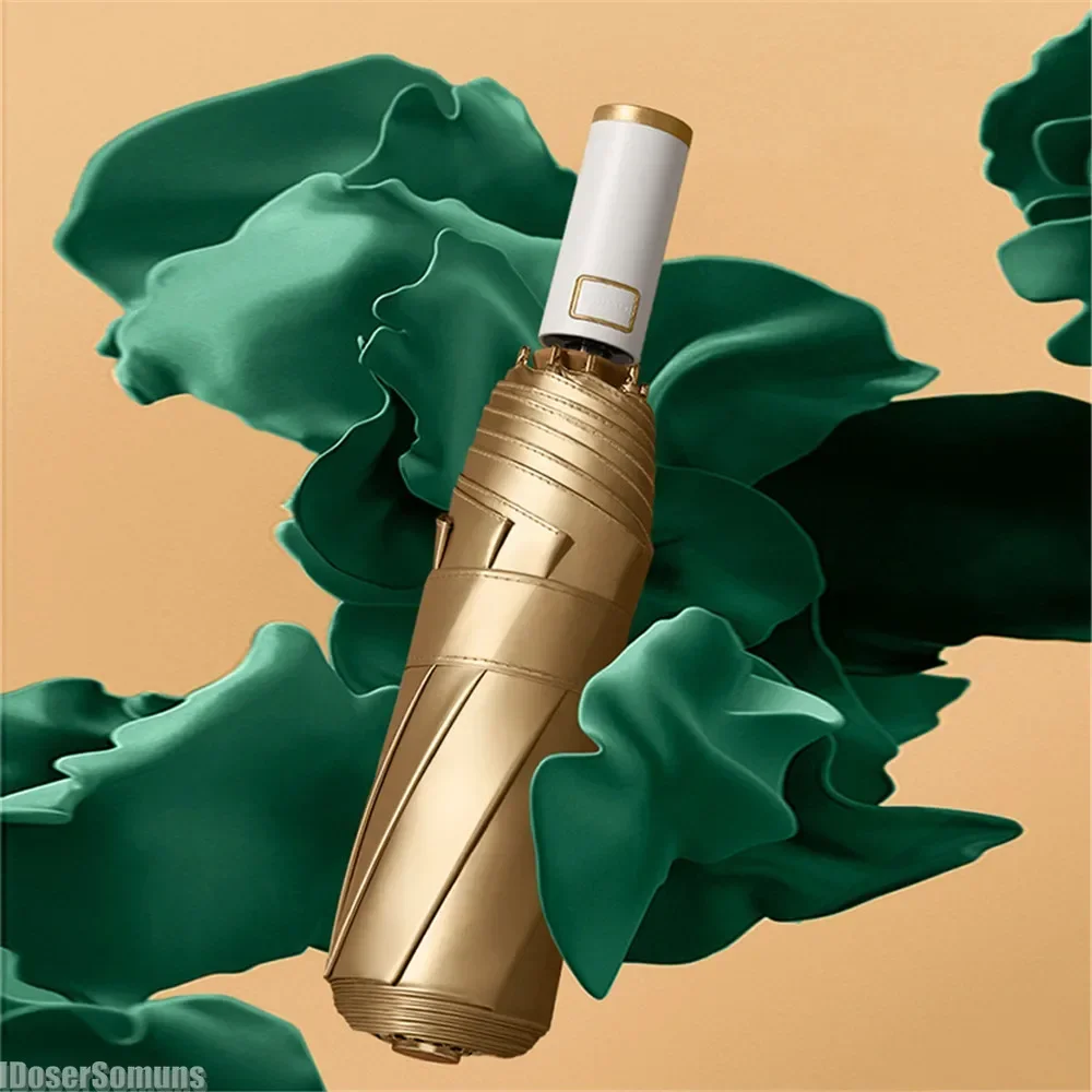 3 Folding Automatic Umbrella Simple Solid Color Windproof 8 Bone Gold UV Protection Sunshade Umbrella Portable Rain Gear
