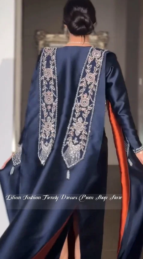 فستان سهرة مخصص لمناسبات رسمية باللون الأزرق الداكن مطرز فستان أم العروس فستان سهرة #2