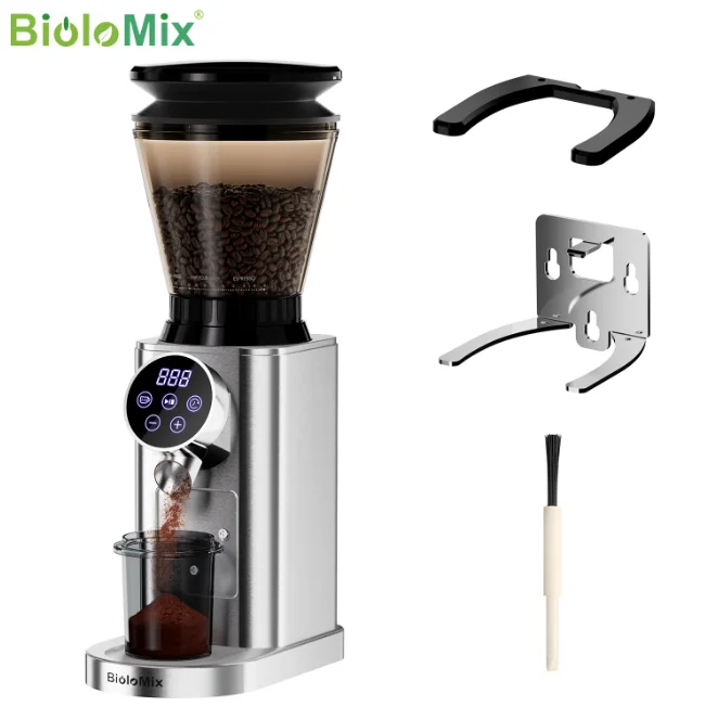 BioloMix Electric Coffee Grinder Professional Conical Burr Digital Control Stainless Steel 300W 300g