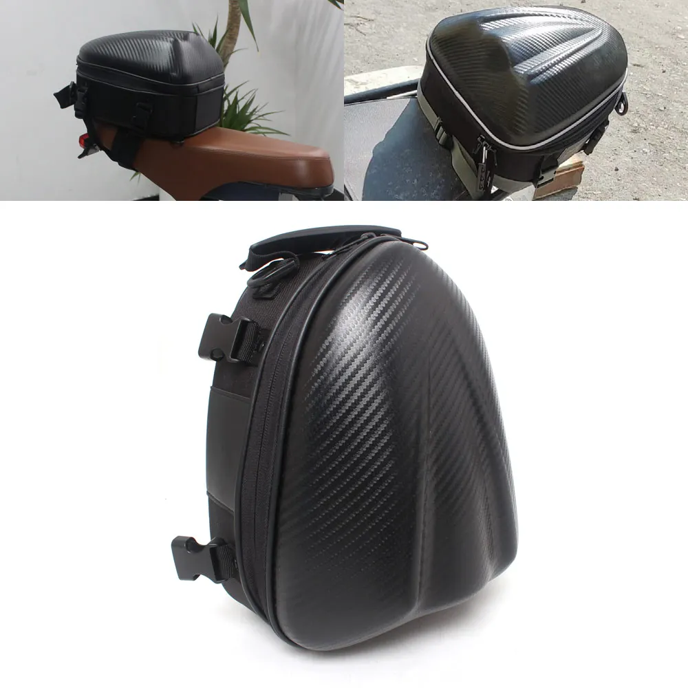 Motorcycle Back Rear Seat Storage Bag Commuter Tail Bag With Strap&Belt Black Nylon PU Leather Carbon Fiber PVC Fabric Universal