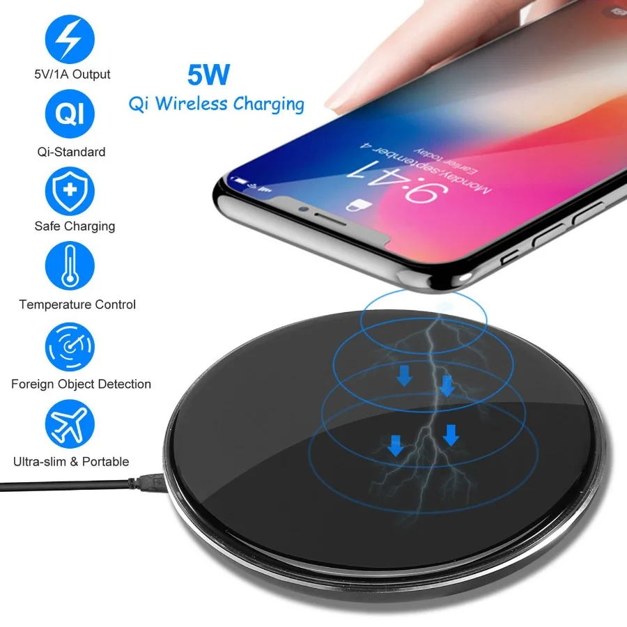 

Wireless Charger QiCertified UltraSlim 5W Charging Pad for iPhone XS MAX XR XS X 8 8 Plus
