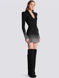 y2k autumn and winter gradient hot diamonds V-neck knitted long-sleeved Women's dresses2023 padded shoulder hip formal dresses