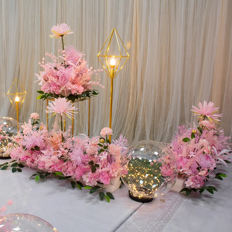 

Pink Artificial Flower Row Arrangement Decor Party Wedding Arch Background Road Lead Flower Rose Peony Hydrangea Mix