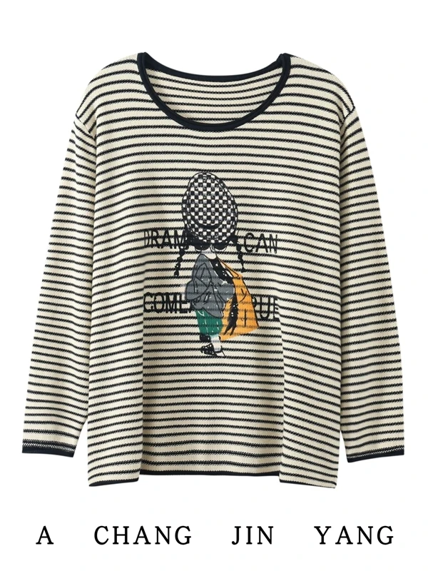 

Retro Striped Long Sleeve Women's T-shirt round Neck Loose Base Shirt Casual Versatile Top Cartoon Print Anti-aging Fashionable