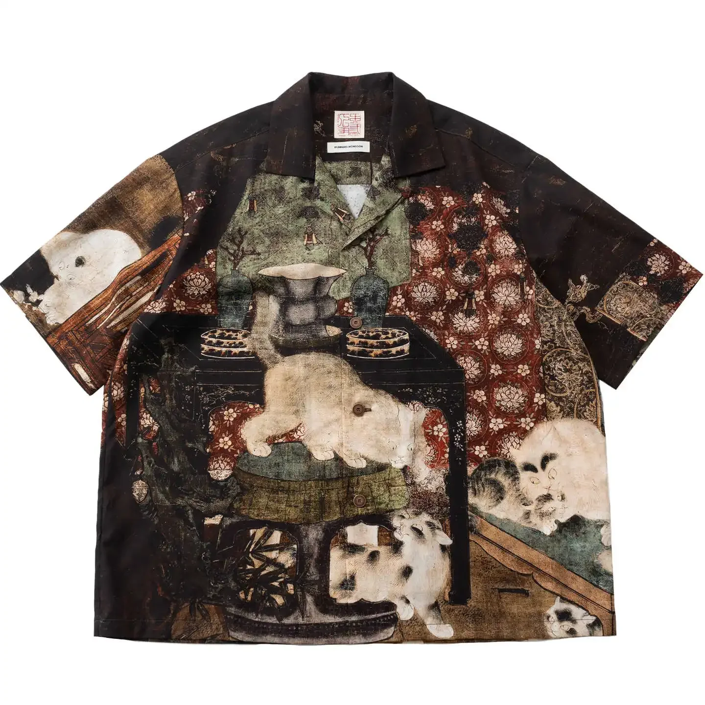 

Ink Retro Fragrant Cloud Yarn Texture Cartoon Cat Print Cuban Collar Flower Short Sleeved Shirt for Men and Women