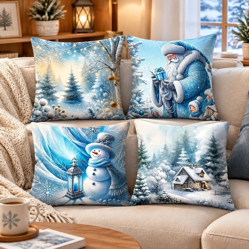 4PCS Reindeer Christmas Pillow Covers Tree Snowflake Pumpkin Xmas Pillowslip 2D Flat Pattern Dwarf Snowman Pillowcase Sofa