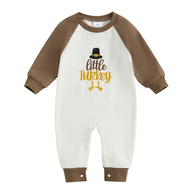 

Детский комбинезон с длинными рукавами и круглым вырезом, осенний комбинезон с вышивкой и буквами, одежда на День Благодарения для мальчиков и девочек