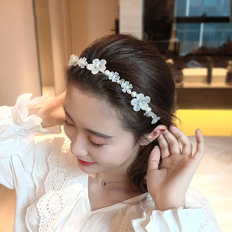 White Acrylic Flower Headbands Wedding Hairbands Elastic Headwear for Bride Hair Accessories Pearl Rhinestone Headpieces