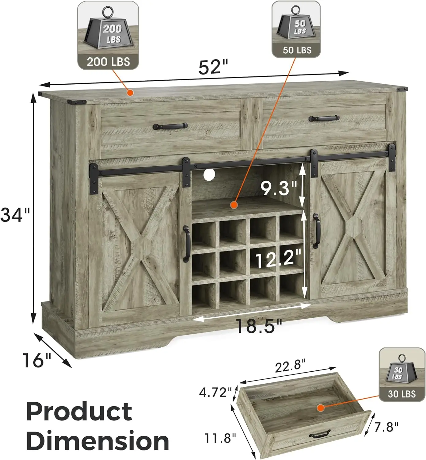 Liquor Coffee Bar Cupboard w/Wine & Glass Rack, 52'' Sliding Barn Door Sideboard, Buffet Cabinet w/ 2 Drawers, Light Grey