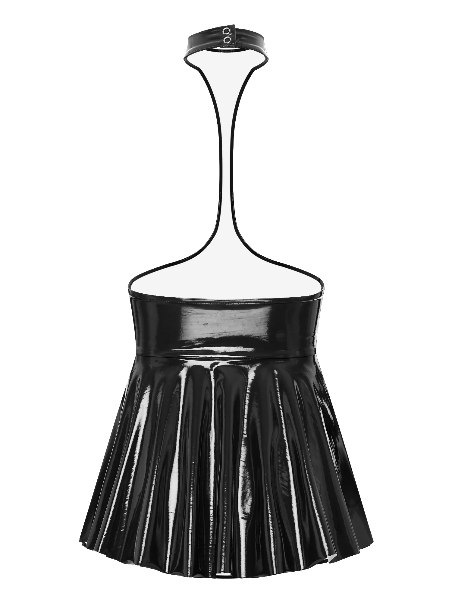 Womens Halter Open Chest Ruffled Dress Wet Look Patent Leather Mini Pleated Dress Sexy Backless Dress Lingerie Rave Nightwear