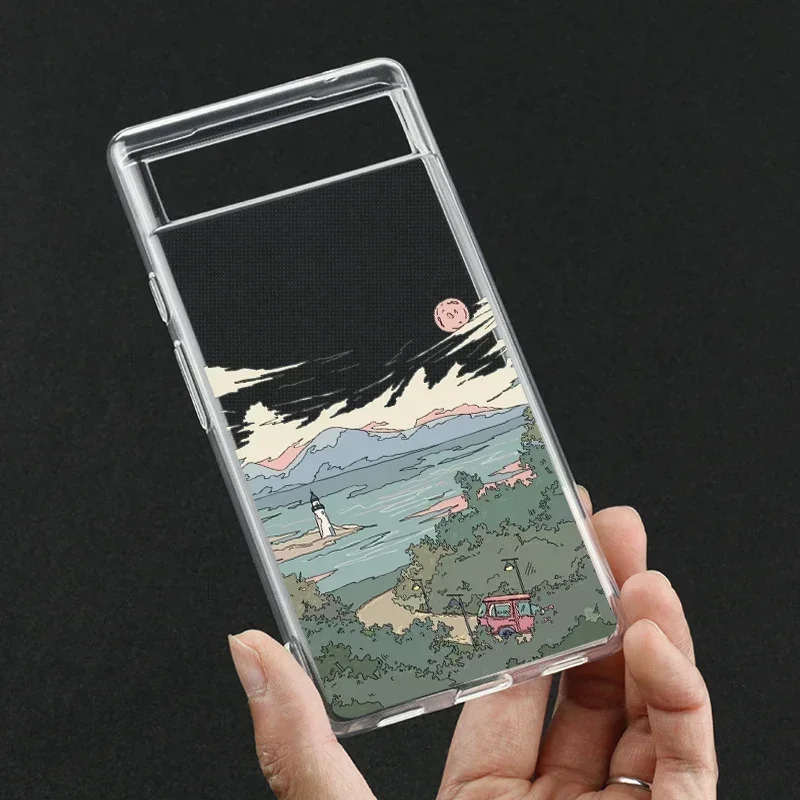 Japão anime paisagem caso de telefone para google pixel 7a 7pro 6a 6 6pro 8 8 pro 5g claro cenário cobre fundas pele