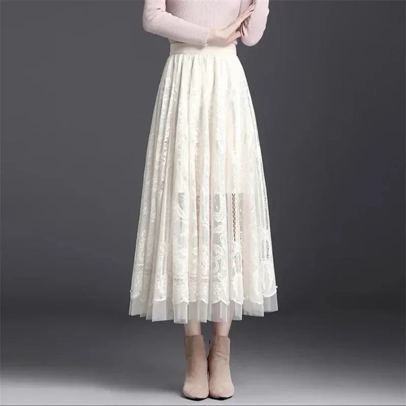 Pop Lace Long Skirt Women 2025 Spring Summer Elastic High Waist A-Line Hollow Out Studded Long Skirt Female Elegant Lace Midi Sk