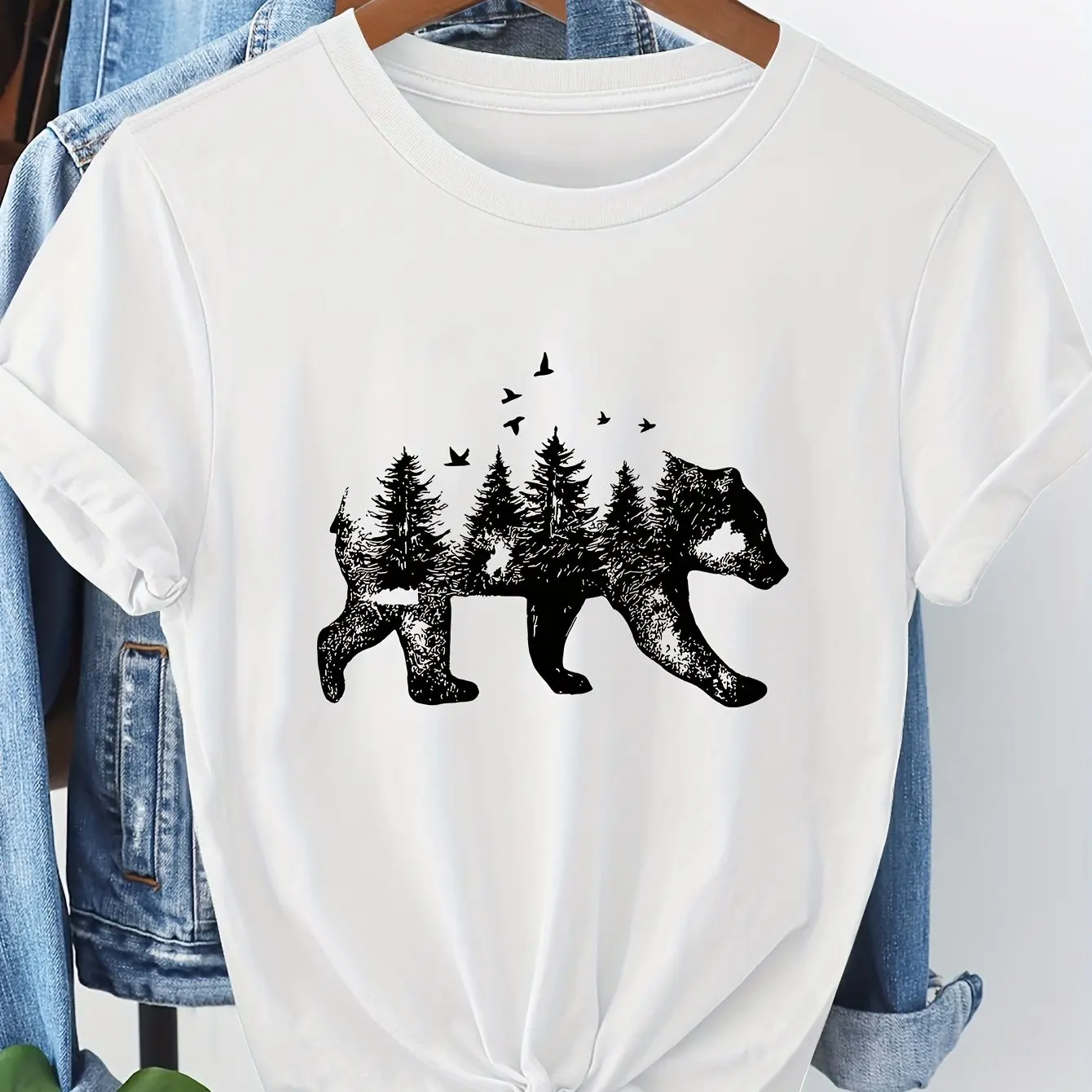 men and Women Black Bear Graphic T-Shirt - Full Tee with Bear Pine Trees Birds Design for Casual Everyday Formal Outfits