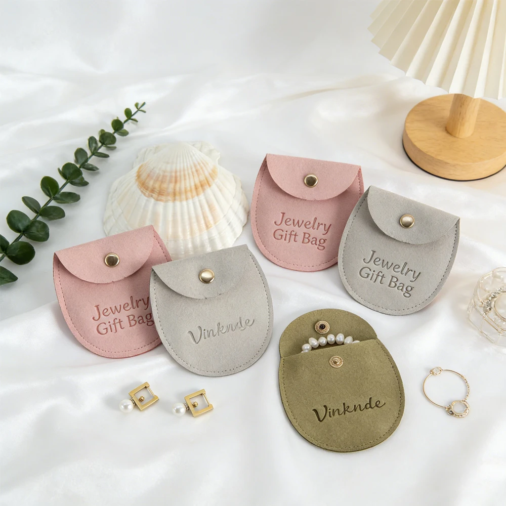 

50/100Pcs Custom Logo Velvet Microfiber Snap Button Bags Half Round Shape Jewelry Packaging Gift Pouches DIY Wedding Storage Box
