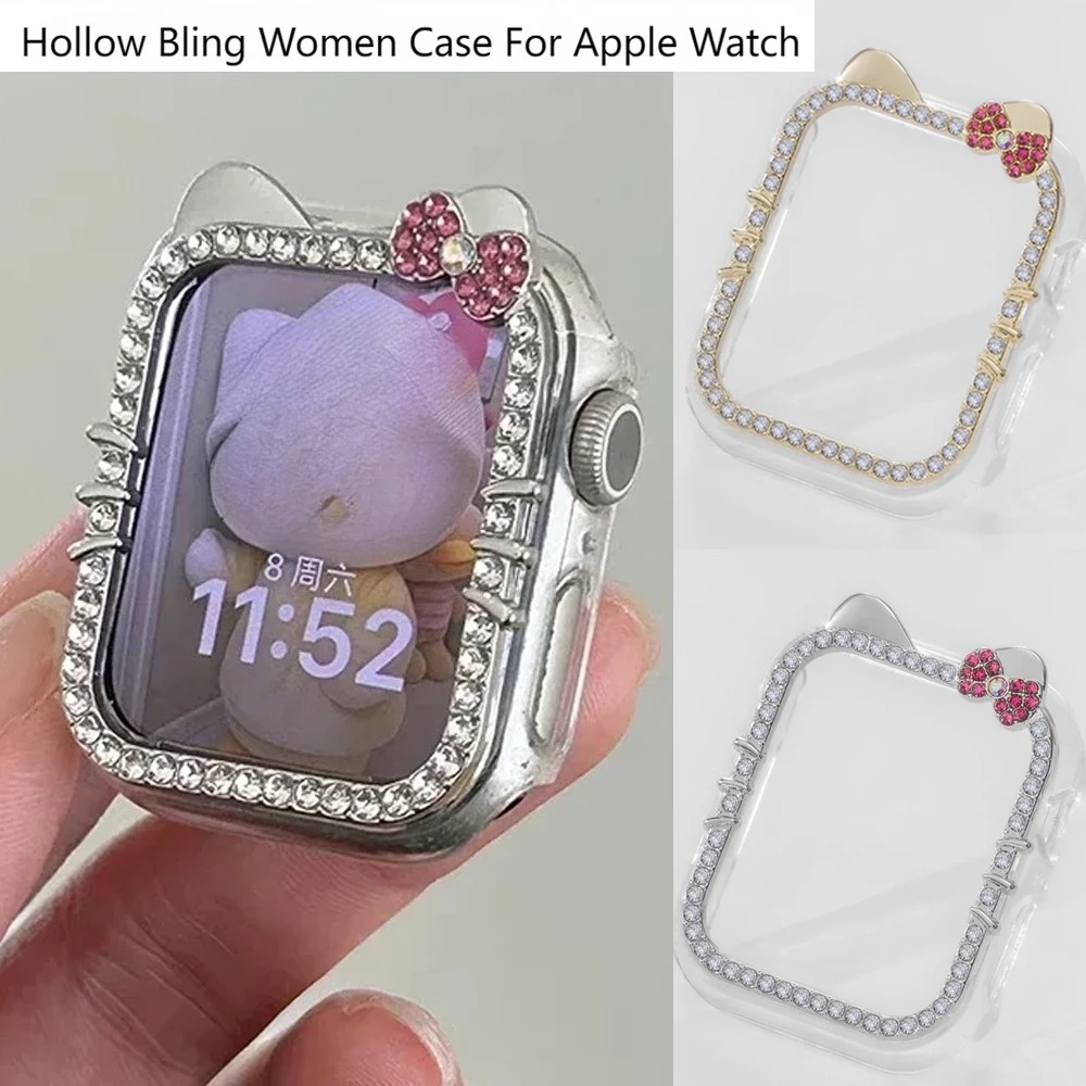 HOT Hollow Protective Case for Apple Watch Case 9/8/7 41mm 45mm Bling Women Bumper Frame Cover iWatch Series 40mm 44mm 6/5/4 SE