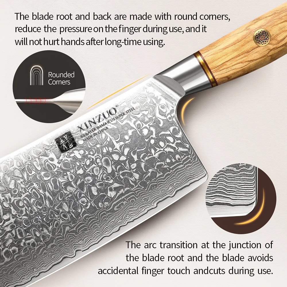 XINZUO 7\'\' inch Bone Chopper Knife Damascus Steel Solid Olive Wood Handle Chef Sharp Bone Powerful Cleaver Chopper Butcher Knife