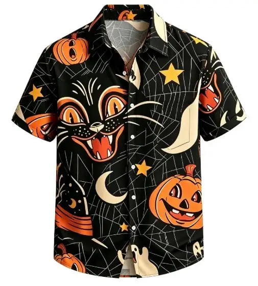 Men Halloween Retro Black Cat Short Sleeve Shirt Pumpkin Spider Web Moon Star Print Turn‑Down Collar Party Shirts