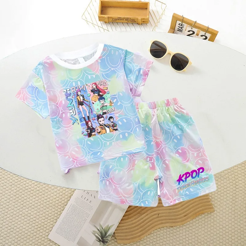 

2PCS Kpop Demon Hunters Kids Clothes Set Cartoon Anime Graphic Print Smiley Face T-shirt and Shorts Boys Girls Summer Tee Gifts
