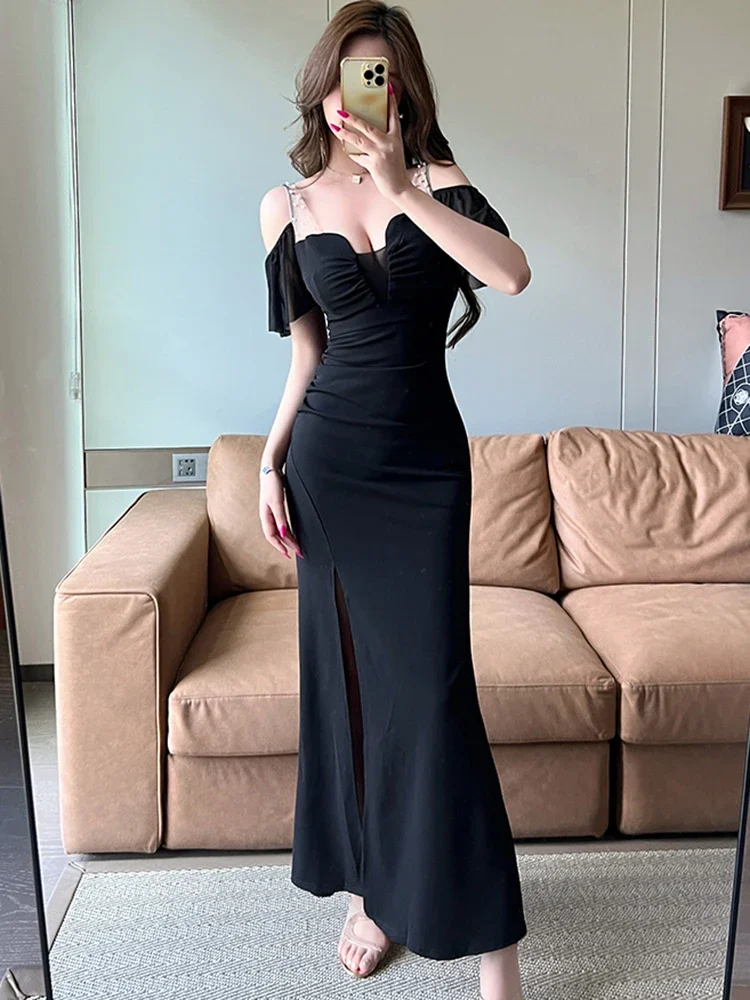 Women Korean Vintage Hepburn Luxury Long Dress Summer Black Sheer Sexy Sling Dress 2024 Elegant Bodycon Chic International Dress