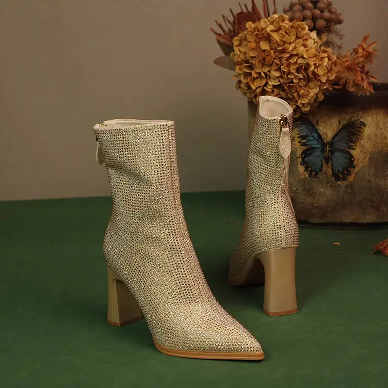 

Designer Brand Full-diamond High-heeled Ankle Boots New Winter Thick-heeled Water Diamond Diagonal Zipper Black High Heels