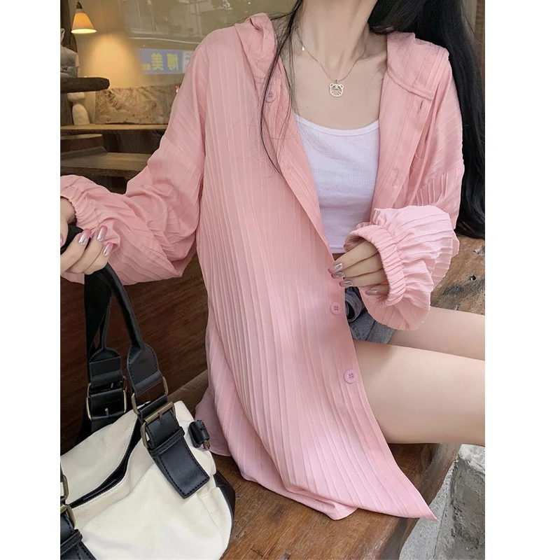 Summer New Hooded Thin Long Sleeved Shirt Tops Solid Color Loose All-match Cardigan Trend Korean Fashion Women Clothing