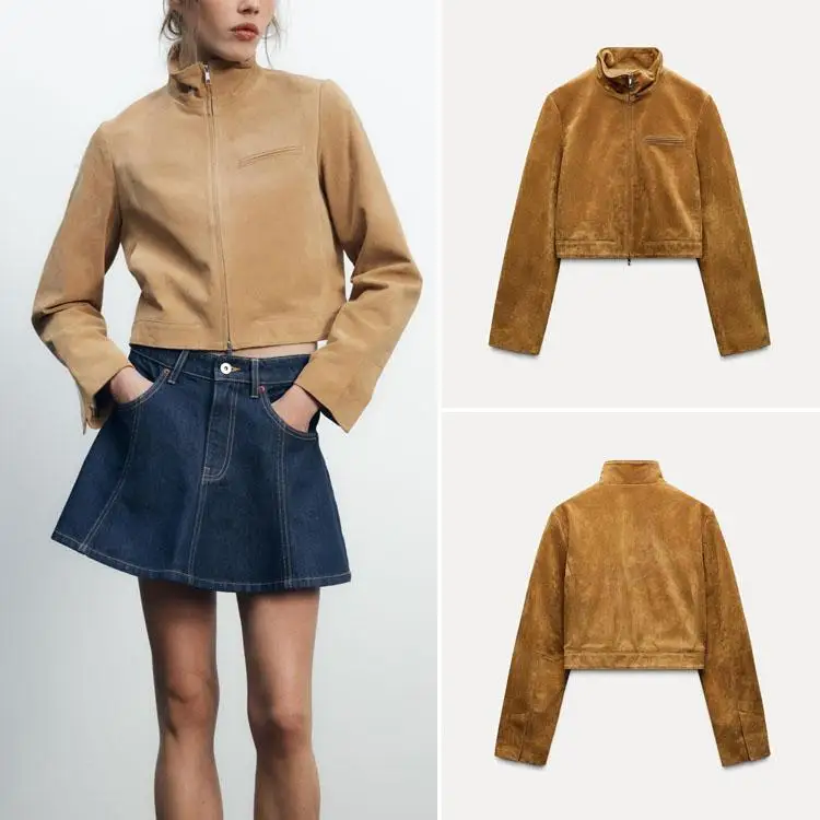 Spring New Arrival Women's Simple Long Sleeve Pure Fleece Leather Short Jacket Elegant Casual Stylish Chinese Production