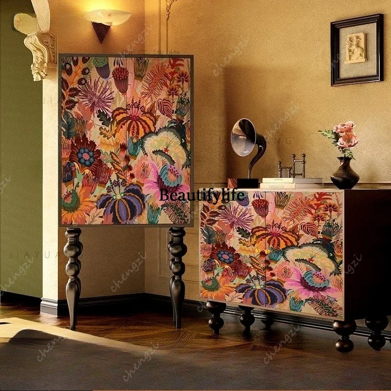32 Painted solid wood tall cabinet household American bedroom bedside storage cabinet retro living room entrance cabinet