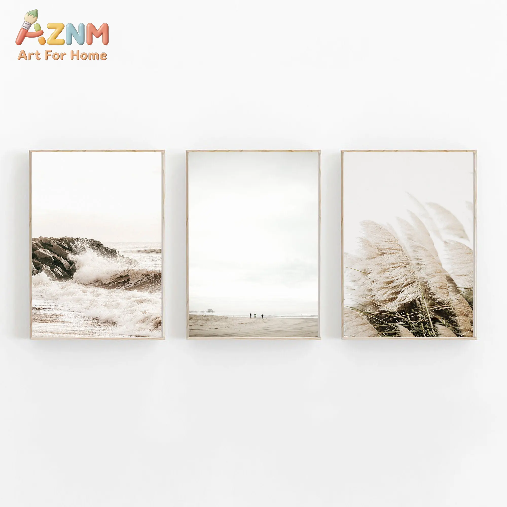 AZNM 3Pcs Neutral Coastal Pampas Grass Canvas Wall Art, Beige Ocean Wave Beach Scenery Print Frameless Canvas Painting,