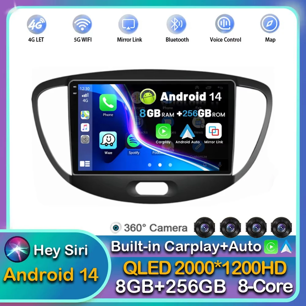 

Автомобильное радио Android 14, для Hyundai I10 2007 2008 2009 2010 2011 2012 2013, мультимедийный плеер Carplay, GPS, стерео, авторадио, WIFI + 4G