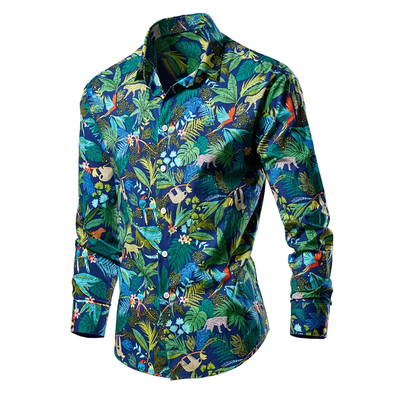 Men Long Sleeve Turn‑down Collar Shirt Tropical Jungle Plant Wild Animal Print Button Up Casual Vacation Beach Daily Wear Top
