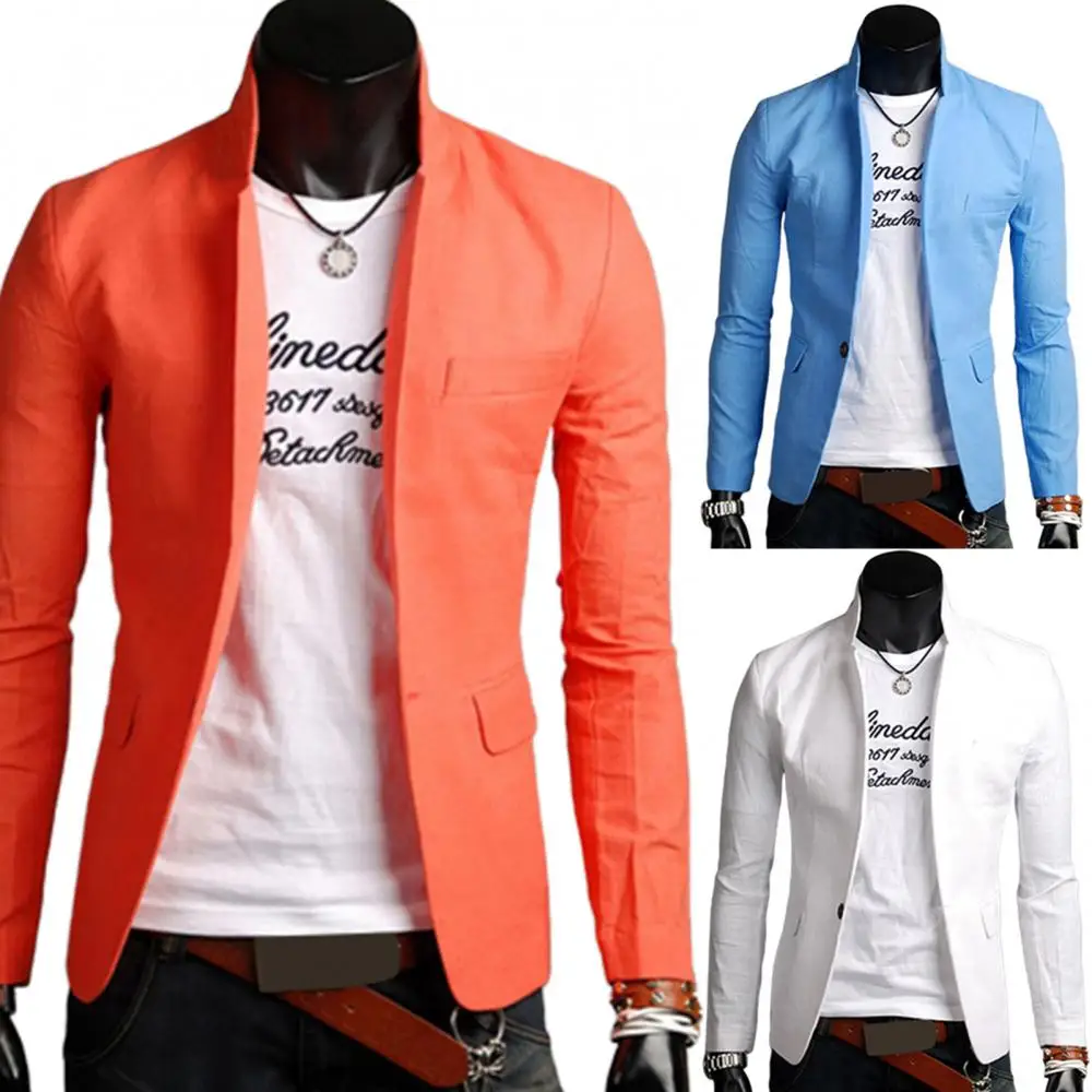 

Men Pockets Coat Formal Suit Jacket Lapel Collar Blazer Business Blazer Autumn Solid Color Button Decor Business Blazer