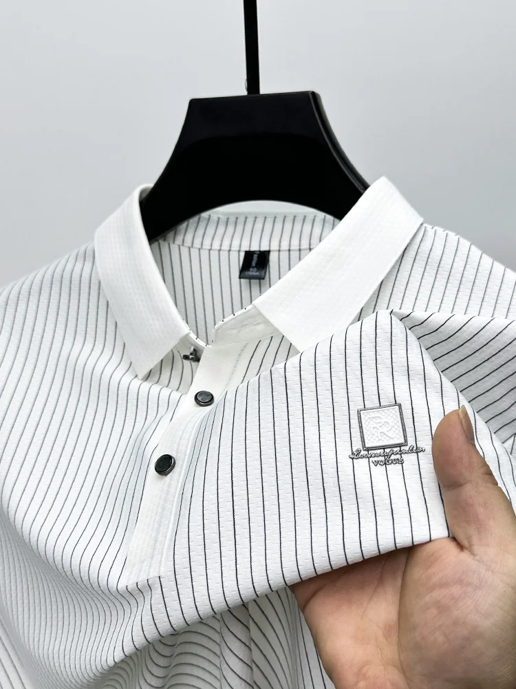 Luxury Summer New High Quality Vertical Striped Lapel POLO Shirt Business Casual Fashion Hot Stamping Embroidery Short Sleeve