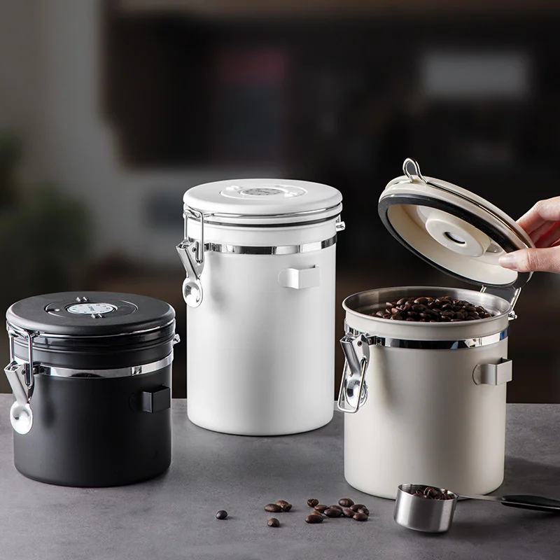 

Coffee beans sealed tank 304 stainless steel storage tank with exhaust valve, tea can with spoon, dried fruit preservation tank