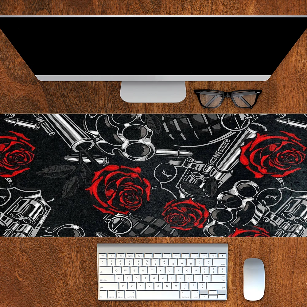 

Art Gaming Mouse Pad Rose and Gun PC Desk Mat Non-slip Rubber Base Precise Seam Washable and Durable Pads for Games and Office